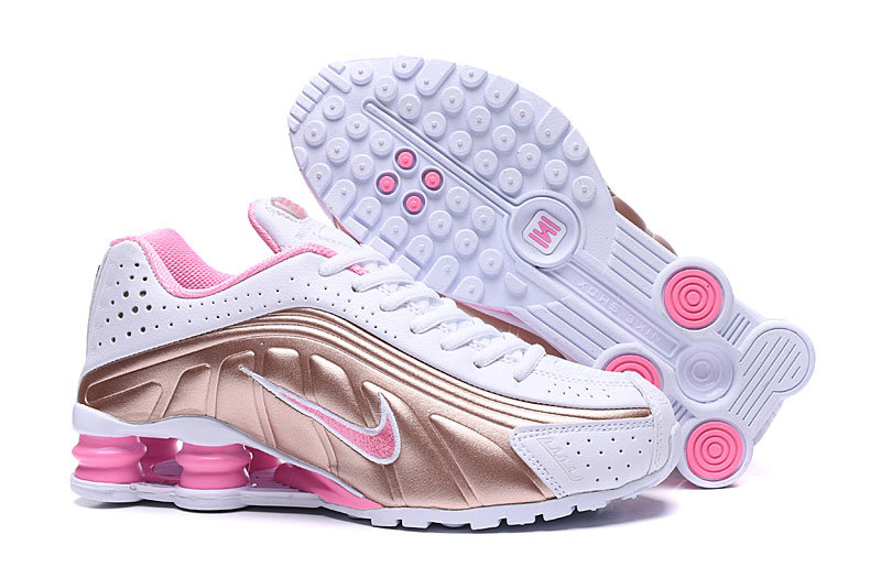 2019 Women Nike Shox R4 White Gold Pink Shoes - Click Image to Close